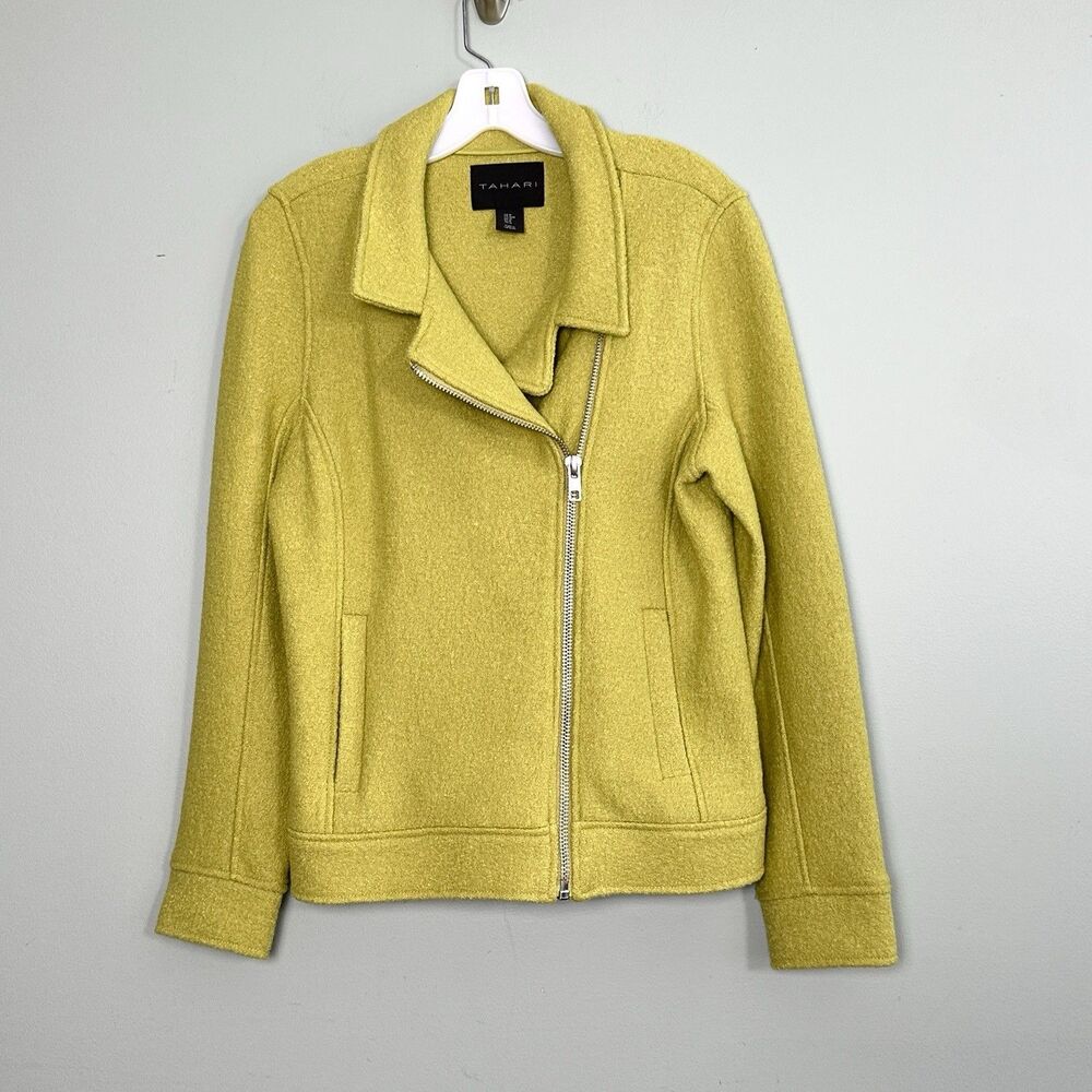 Tahari Wool Blend Moto Jacket Full Zip Womens Medium Green Yellow Pockets